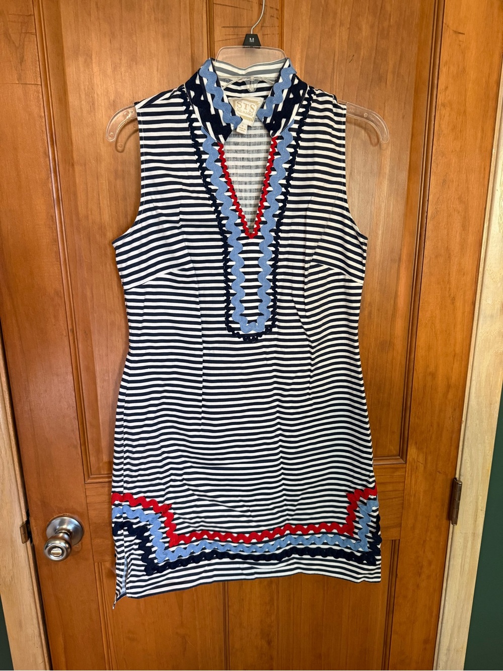 Sail to Sable Navy, Light Blue, Red and White Striped sleeveless dress. Size S.